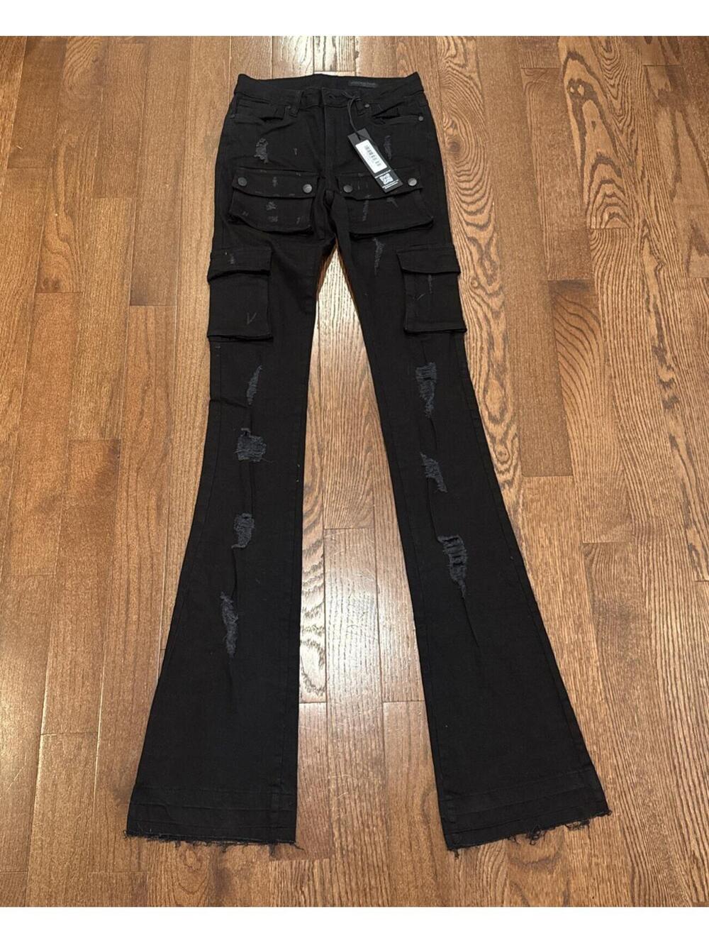 Rockstar Original Noor Cargo Super Stacked Jeans Distressed Womens Medium Black